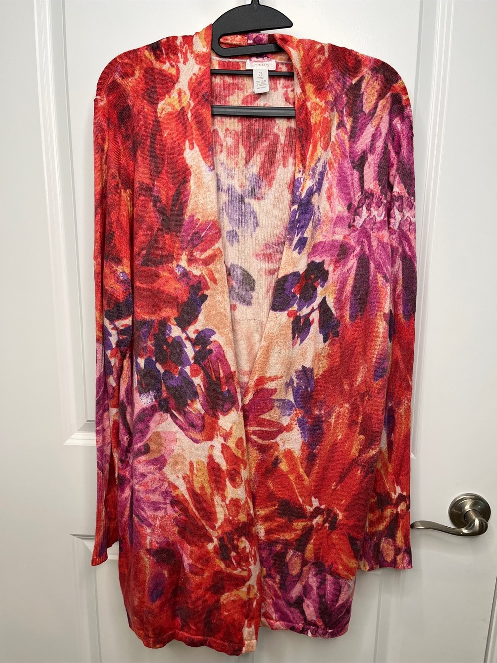 Chico's Pink Red Purple Watercolor Ribbed Long Floral Cardigan 3-XL